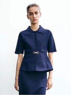 NWT Zara Ink Blue Viscose Blend Knit Belted Jacket